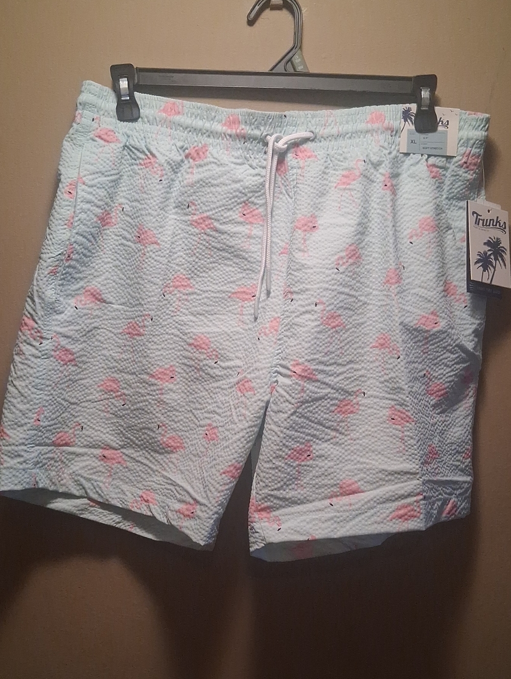 Trunks Seafoam Seersucker Swim Shorts with Pink Flamingo Print Xl
